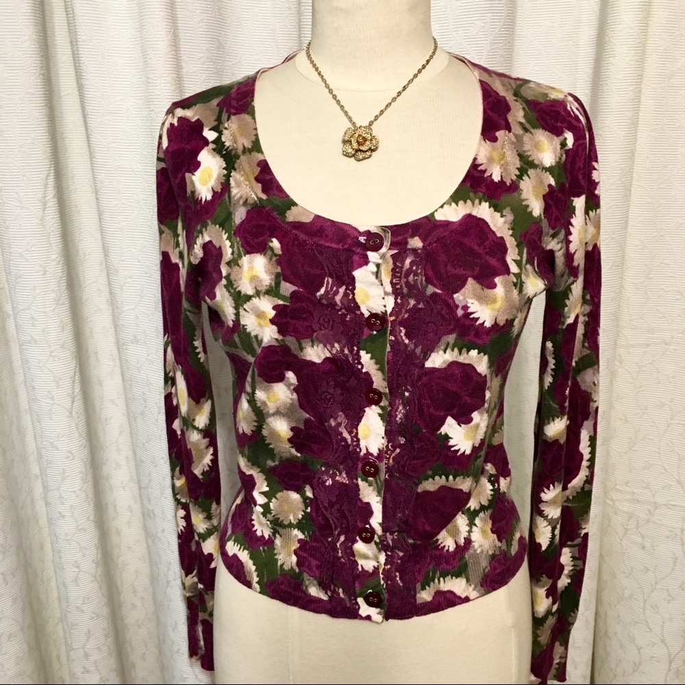 Beautiful Raspberry Floral and lace cardigan.